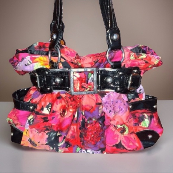 Wilsons Leather Handbags - Wilsons Elli Vi Leather Floral Multicolor Shoulder Tote with Black Trim
